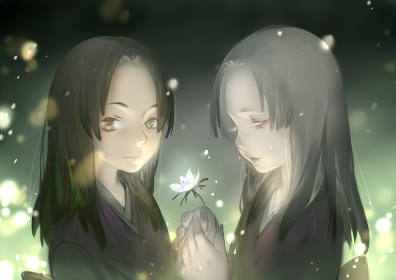 mushishi, flowers, black, luman, gray, green, japanese, girls, clothes, 1080P, hair, long, eyes