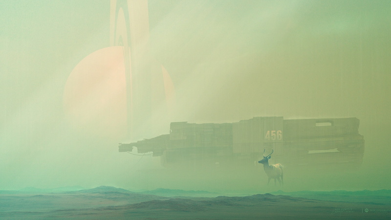 2K, Desktopography, spaceship, fantasy art, planet, deer