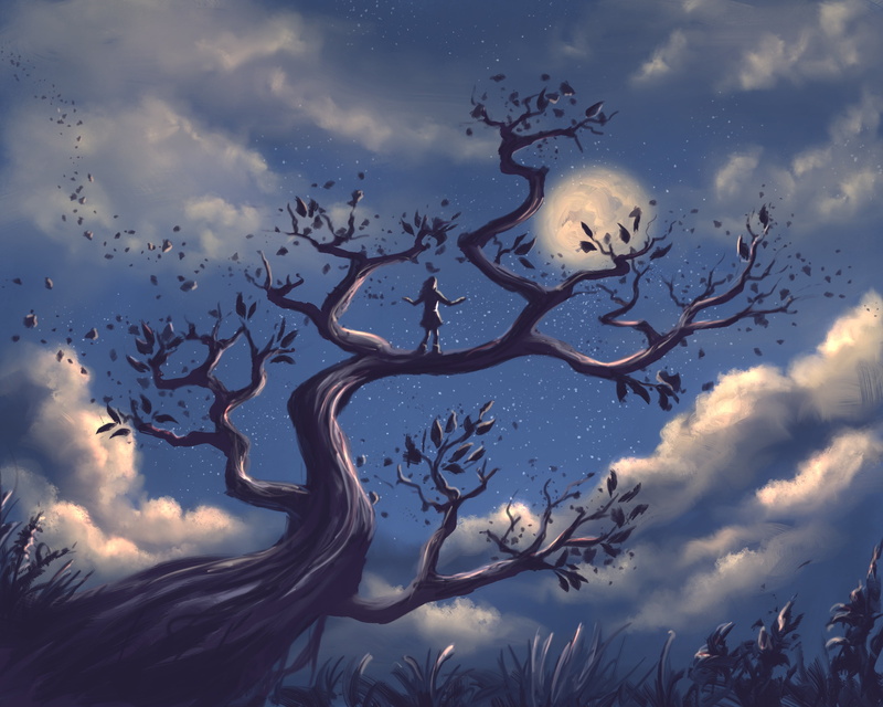 night, sky, Moon, 4K, digital art, forest, branch, nature, grass, drawing, clouds, women, trees, dark, artwork, stars