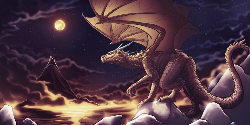 wings, 1080P, the sky, night, fiction, horns, stars, clouds, rocks, dragon, tail, the moon