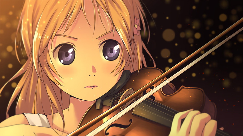 string, 4K, human representation, wood - material, craft, Miyazono Kaori, representation, indoors, yellow, anime, violin, music, festival, creativity