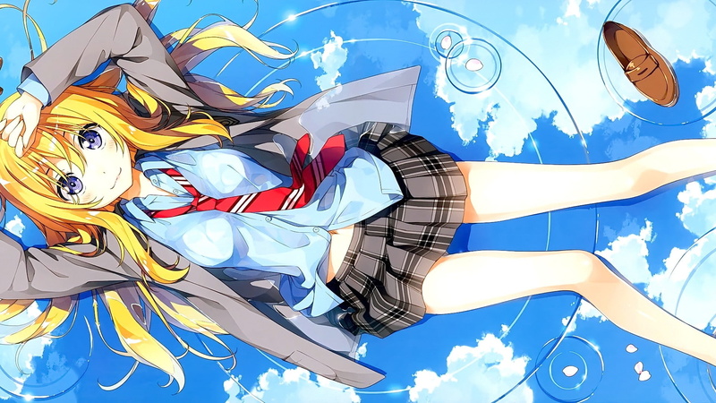 school uniform, blonde, no people, long hair, smiling, blue, outdoors, nature, anime girls, multi colored, anime, 1080P, sky, close-up, music, studio shot