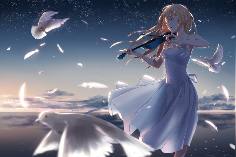 feathers, Long Hair, Flower Petals, young adult, Shooting Stars, birds, 720P, Miyazono Kaori, group of animals, women, Violin, water, young women, White Dress
