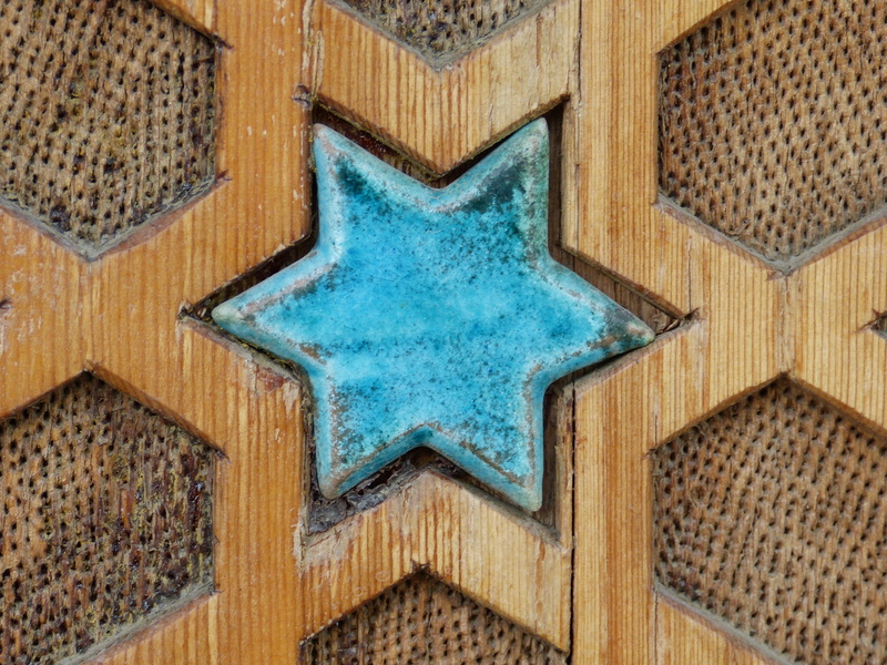 shape, 4K, ceiling, full frame, brown, star, directly below, turquoise, ceramic, built structure, architecture, pattern, day, textured, no people, wood - material