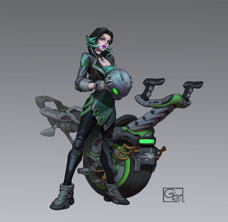 piercing, artwork, 1080P, gradient, green eyes, helmet, simple background, Gi gue, futuristic, ArtStation, unicycle, dark hair, standing, science fiction