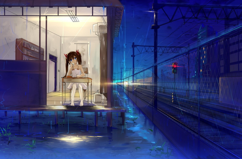 table, girl, 1080P, haraguroi you, traffic light, sitting, art, railroad, night, house, rain