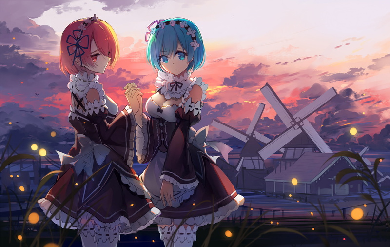 short, ram, bow, haraguroi, (re, 1080P, aqua, clouds, apron, pink, maid, 261288, windmill, konachan, 2girls, eyes, twins, sky, you, zero), headdress, dress