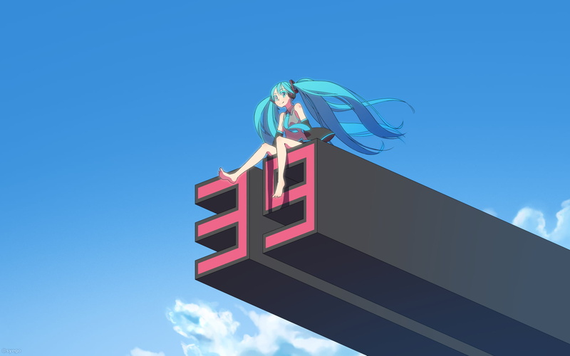 long hair, modern, bare shoulders, anime girls, aqua eyes, wind, sky, building, communication, no people, outdoors, copy space, barefoot, illuminated, red