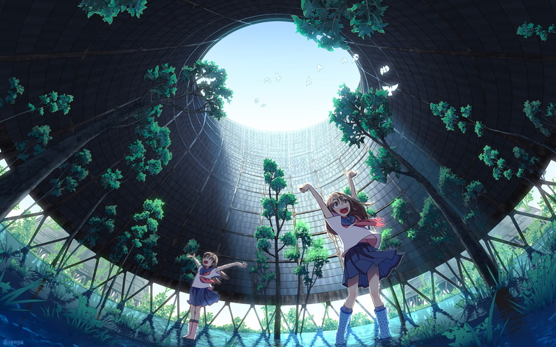 sky, water, building, 1080P, syego, school uniform, birds, skirt, arms up, happy, anime girls, anime, trees