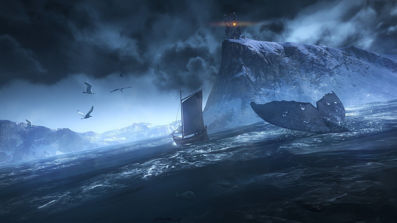 storm, water, mountain, 1080P, The Witcher 3: Wild Hunt, animal, sky, abstract, beauty in nature, winter, black, nature, painting, sea, group of animals