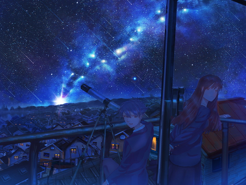 Starry Sky, 1080P, Shooting Star, Anime, Boy, Original, City, Girl
