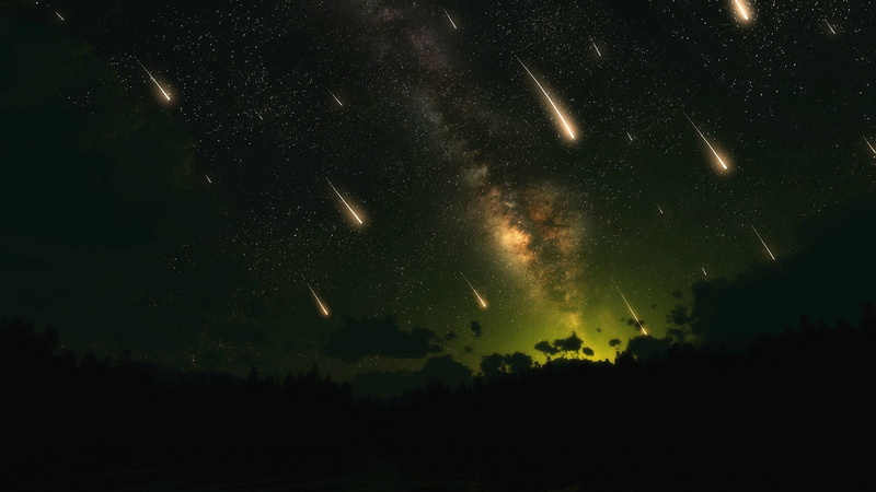 forest, stars, shooting stars, night, star trails, digital art, space, 1080P