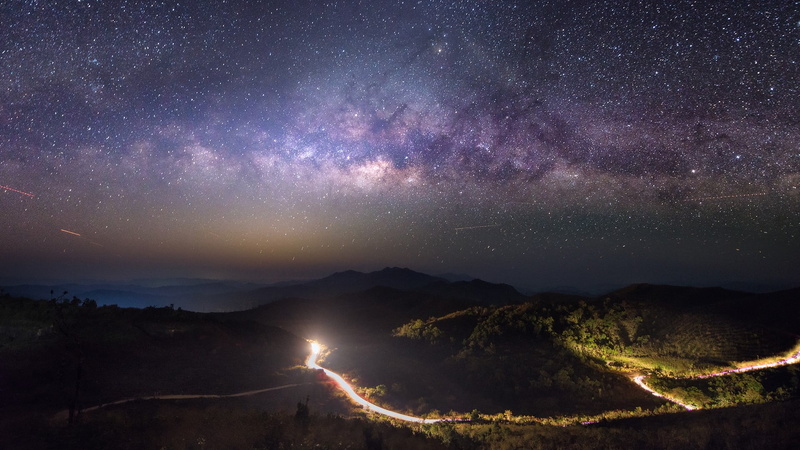 trees, stars, galaxy, landscape, 1080P, nature, mountains, road, Thailand, shooting stars, long exposure, far view, Milky Way, night