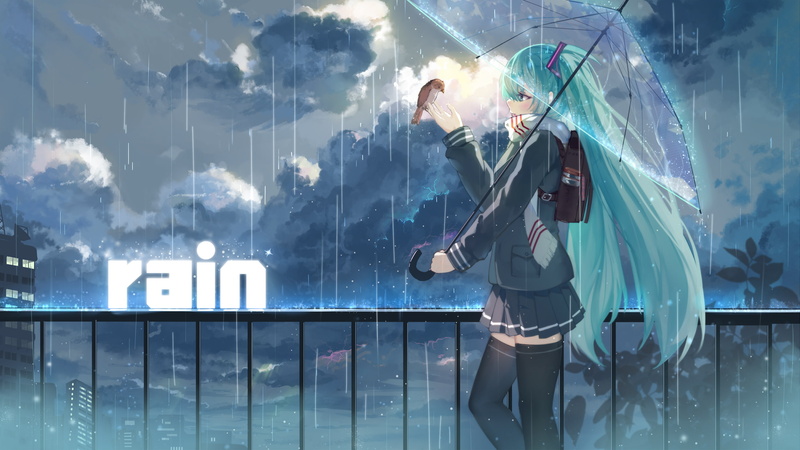 girl, vocaloid, the sky, bird, clouds, rain, umbrella, form, scarf, art, home, 1080P, the city, hatsune miku, schoolgirl, haraguroi you, anime