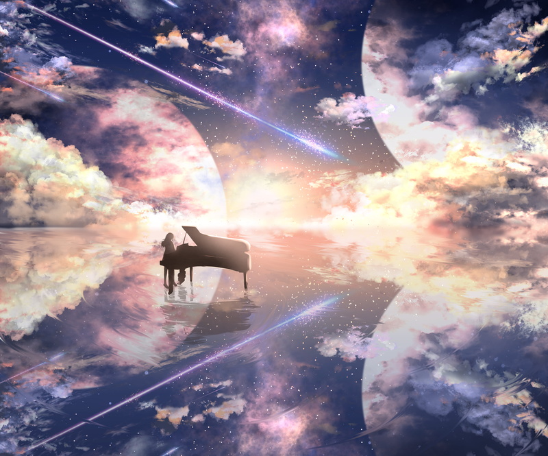 Anime, Reflection, Girl, Original, 4K, Piano, Shooting Star, Planet, Starry Sky