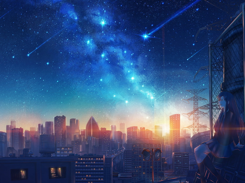 Shooting Star, Girl, Sunset, Anime, 1080P, Starry Sky, Original