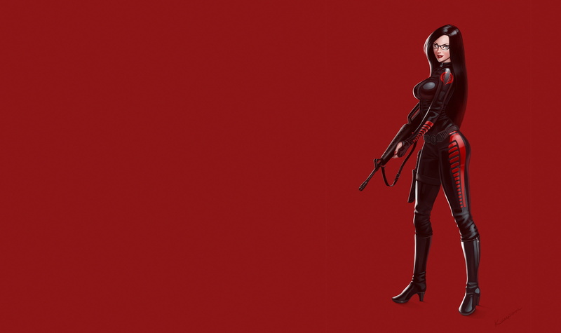 boots, 2K, Baroness, red background, women, G.I. Joe, girls with guns, artwork, red, dark hair, weapon