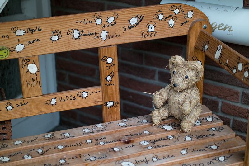 animal representation, stuffed toy, bear, animal, toy, schäfchen, chair, lamb, railing, day, brown, wood - Material, indoors, care, shelf, seat, sit, teddy Bear