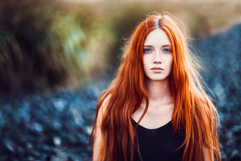beautiful people, 1080P, outdoors, black tops, teenager, selective, model, hair, women outdoors, tank top, headshot, fashion, dyed red hair, standing