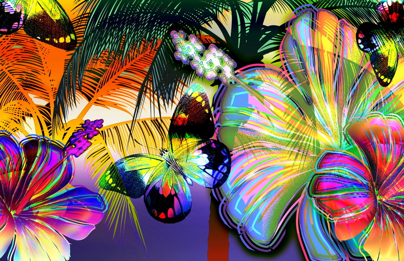 design, day, bright, colors, multi Colored, red, pattern, art and craft, butterflies, tropical climate, butterfly, art, close-up, low angle view, palm tree