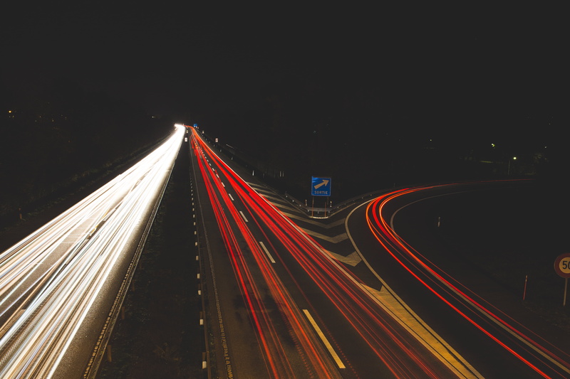5K, multiple lane highway, mode of transportation, cars, urban, timelapse, evening, headlight, motion, traffic, city, driving, road, street, night, dark