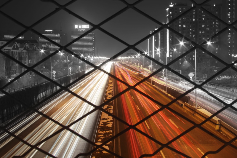 urban, fence, chainlink fence, light, tarmac, nature, building, road, banister, asphalt, day, pattern, light trail, highway, security, exposure, photography