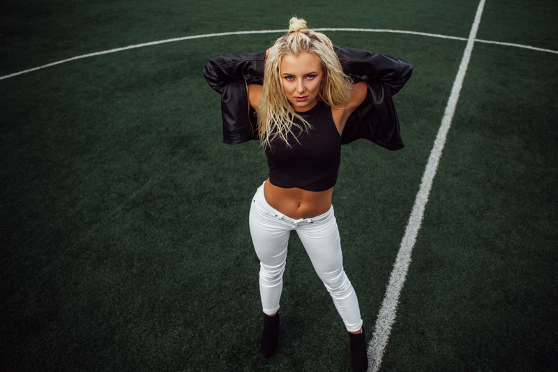women, belly, jeans, armpits, synthetic grass, black jackets, 2K, blonde, leather jackets, soccer field