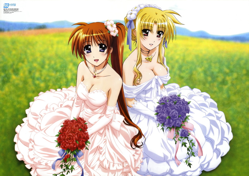 fashion, gowns, females, outdoors, freshness, representation, wedding, beautiful, mahou shoujo lyrical nanoha, field, brides, bride, love, backgrounds