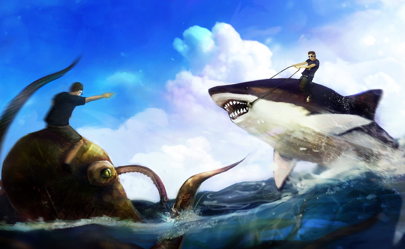 art, animal themes, bird, man, shark, animals in the wild, rage, top, the fight, beauty in nature, 2K, rider, no people, painting, two animals, mouth