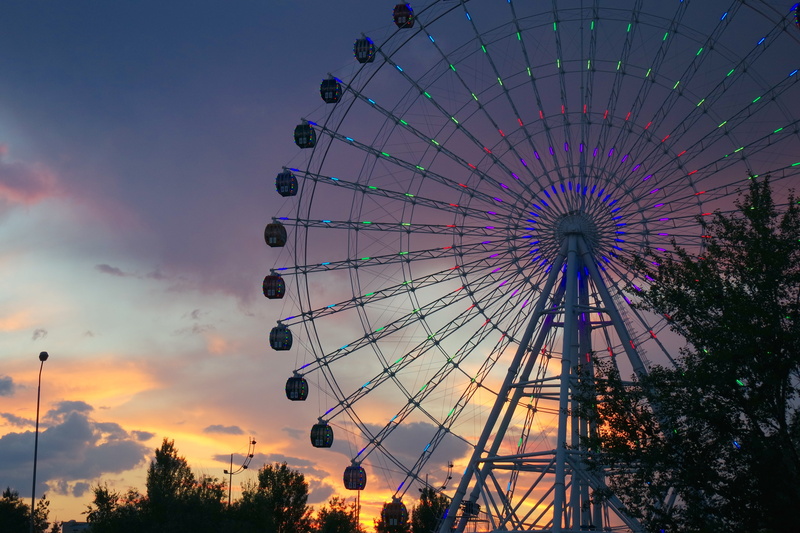 dusk, nature, duman, astana, tree, ferris wheel, pink color, structure, multi colored, sunset, illuminated, kazakhstan, arts culture and entertainment