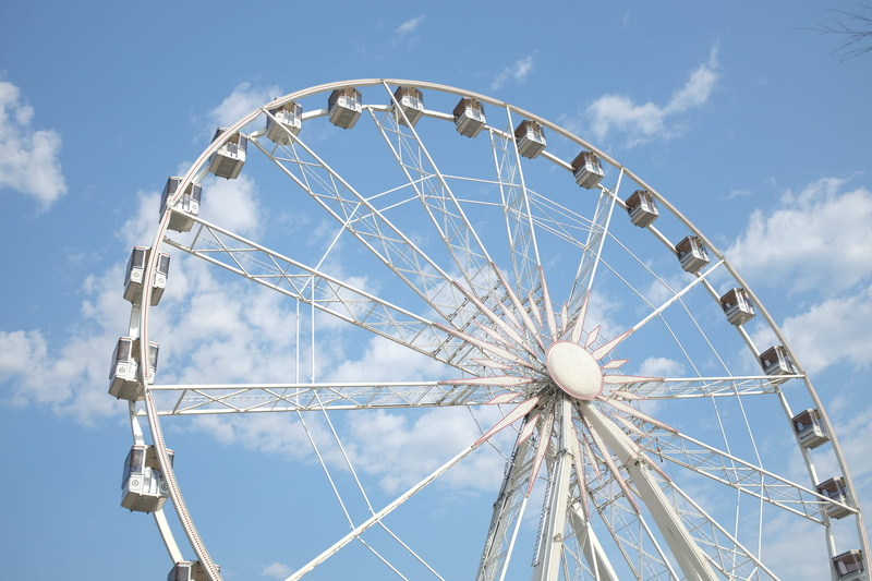 amusement park ride, italy, built structure, large, sky, rimini, cabins, geometric shape, arts culture and entertainment, low angle view, sea, shape, cloud - sky