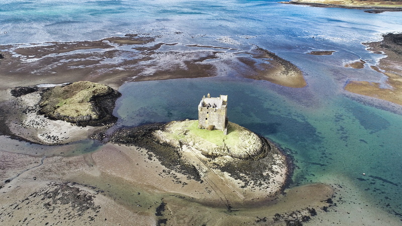 high angle view, 2K, sky, ancient, sea, land, beauty in nature, blue, castle stalker, beach, stone, scenics - nature, soil, no people, solid, stone work
