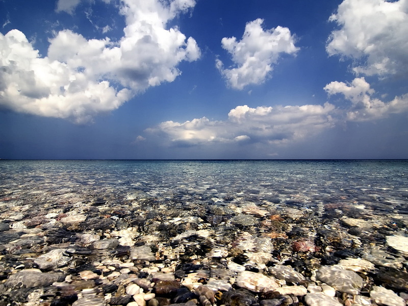sunlight, tranquility, rock - object, no People, sun, shallow, water, clouds, 720P, solid, travel, rock, stone, blue, pebble, summer, sand, coastline