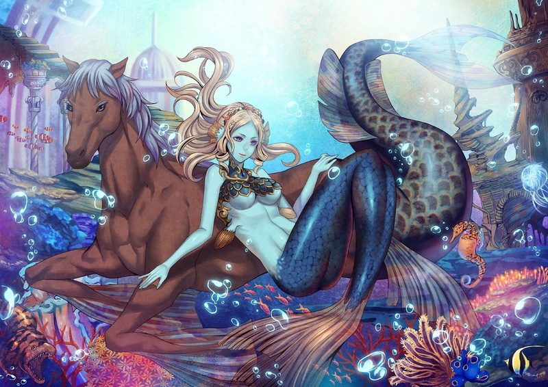 under, city, horse, sea, being, water, corals, 1080P, bubbles, mermaid, fish, the, tail