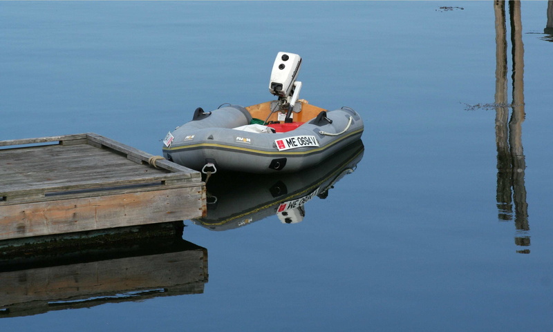 motorboat, transportation, dinghy, moored, inflatable, no people, water, waterfront, dock, motor, tiny boat, boothbay harbor, blue, reflection, day, fishing
