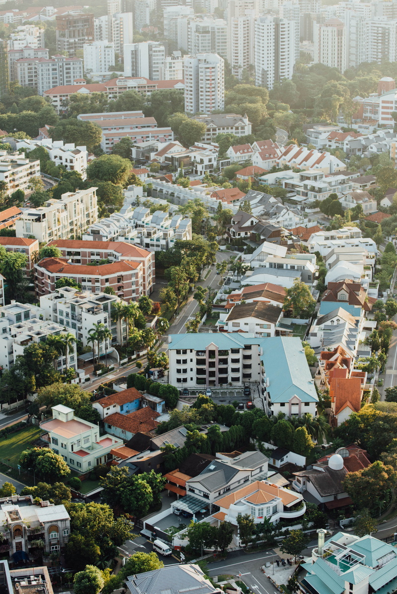 drone view of city, buildings, house, travel, cityscape, city view, view, outdoors, town, aerial View, roof, residential District, street, 5K, urban Skyline