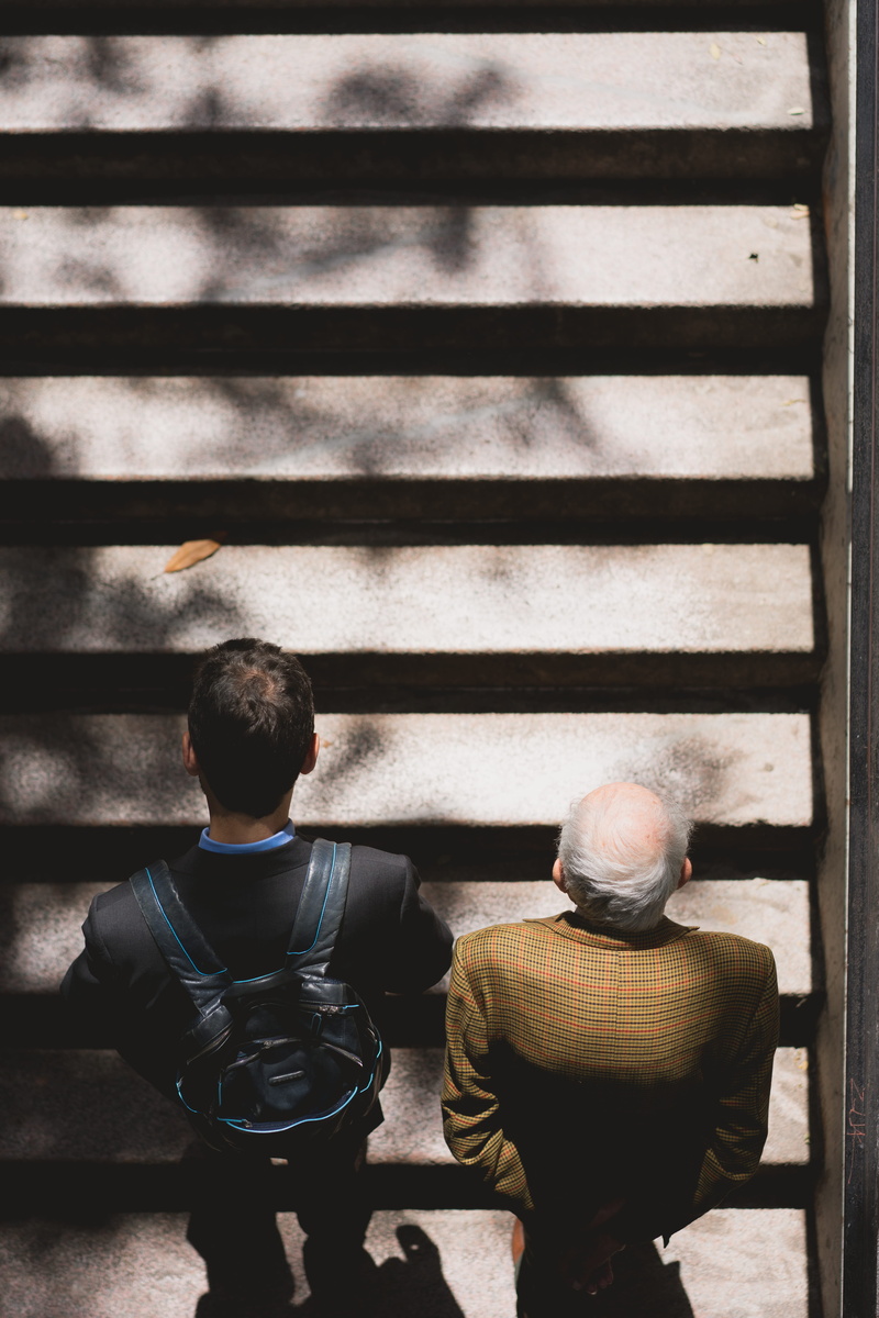 city, built structure, metro, leisure activity, walk, males, day, architecture, togetherness, backpack, two people, child, real people, stairs, step, topdown