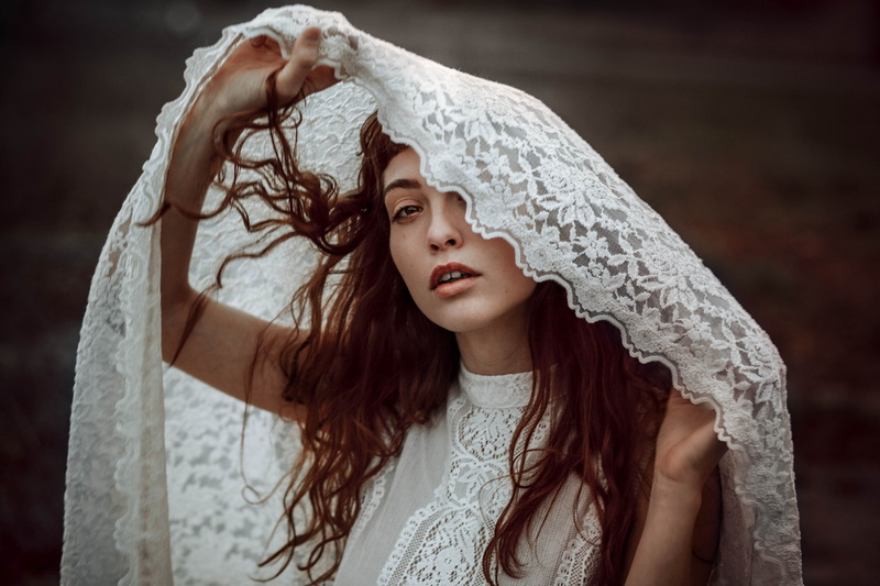 model, portrait, brown hair, long hair, beautiful woman, lace - textile, young adult, one person, young women, hair, contemplation, veil, human hair, beauty