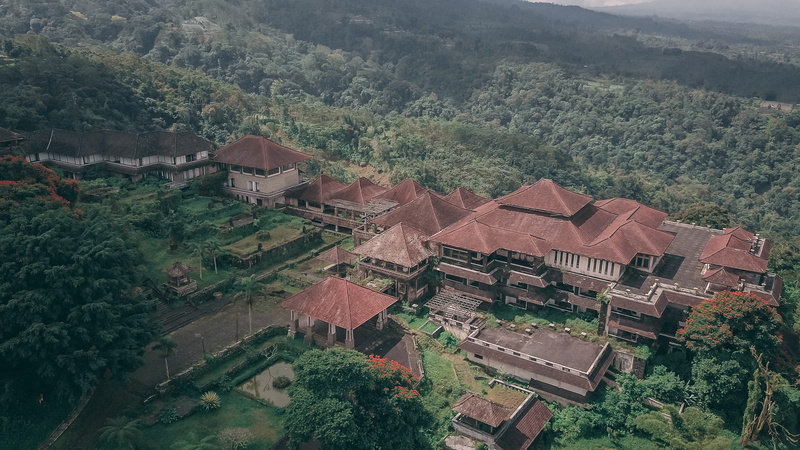 indonesia, ghost palace, drone, tree, landscape, outdoors, architecture, building exterior, tranquil scene, green color, scenics - nature, roof, bali, day
