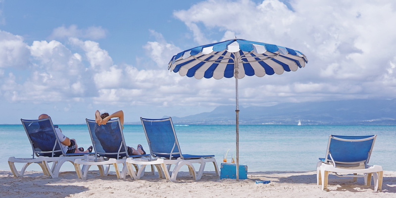 sea, side, paradise, clouds, tourism, holiday, parasol, water, sand, vacations, rest, umbrella, sky, horizon over water, blue, 4K, chair, tropical, deck chair