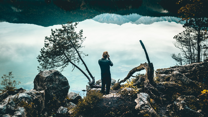 reflect, nature, photo, taking, spigel, standing, solid, tree, person, beauty in nature, rock, cloud - sky, rock - object, man, winter, adult, one person