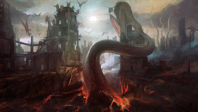 illustration, dark, outdoors, indoors, demons, fiction, color Image, dirt, old, no people, flame, destruction, monsters, ruins, nature, building exterior