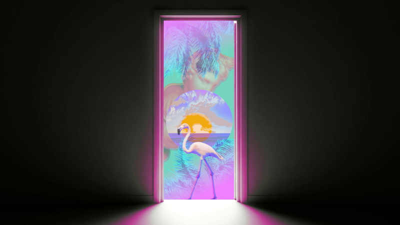 flamingos, artwork, Retrowave, 1080P, door, vaporwave