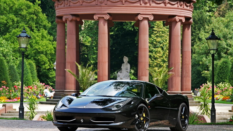 roman, black, ferrari, cars, park, statue, 1080P