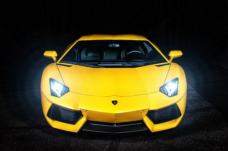 design, shiny, outdoors, night, racecar, retro styled, new, mode of Transport, yellow, street, performance Car, black background, red, elegance, LB834
