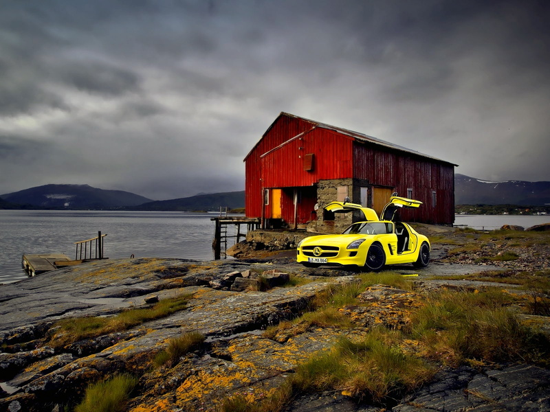 mercedes, barn, cars, sls, 720P, amg, lake, gullwing, hd