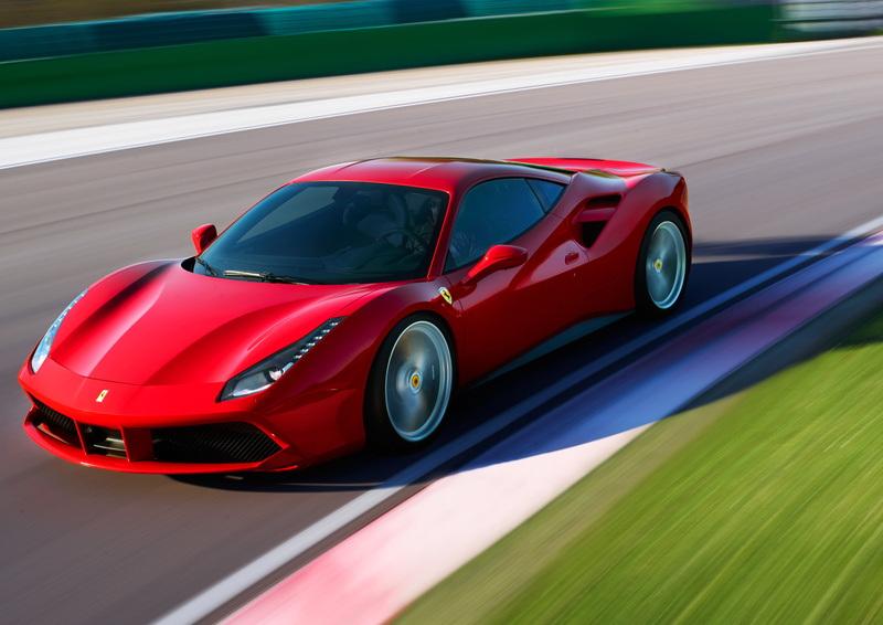 coupe, car, day, outdoors, yellow, GTB, no people, 488, motion, red, speed, transportation, on the move, competition, motor vehicle, sports car, sports track