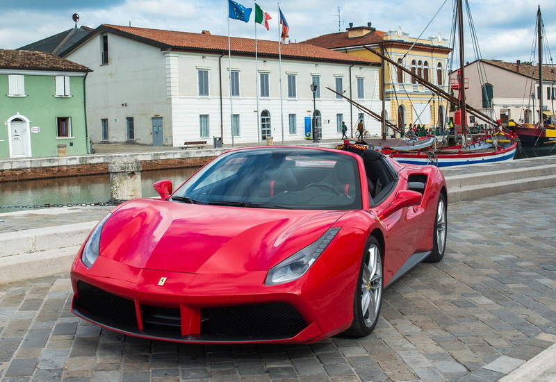 luxury, motor vehicle, house, flag, spider, car, transportation, road, red, 720P, no people, day, building, ferrari, land vehicle, built structure, city