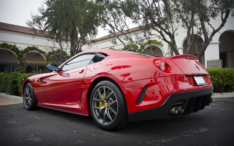 outdoors, plant, street, wheel, germany, ferrari, 599, modern, coupe, front View, engine, power, sports, car, building exterior, speed, elegance, shiny