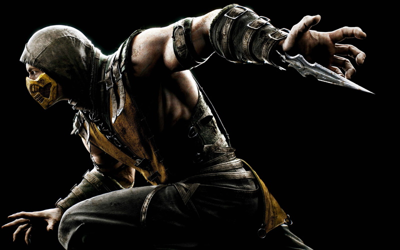 side view, muscular build, Scorpion (character), video games, one person, Mortal Kombat X, human body part, three quarter length, human hand, black background